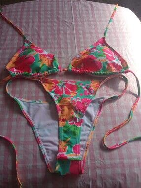 Floral Tie-String Bikini Set in Bright Pink, Green & Yellow